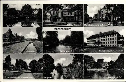 Ak Grevenbroich im Rhein Kreis Neuss, Marktbrunnen, St. Elisabeth Krankenhaus, Flutgraben