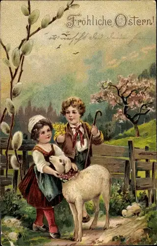 Präge Litho Glückwunsch Ostern, Kinder mit Lamm, Weidenkätzchen
