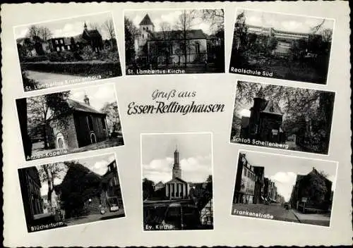 Ak Rellinghausen Essen im Ruhrgebiet, St Lambertus Krankenhaus, Kirche, Realschule, Schloss, Kapelle