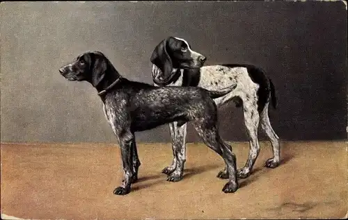 Künstler Ak Zwei Hunde, Dunkles Fell, Schwarzweiß