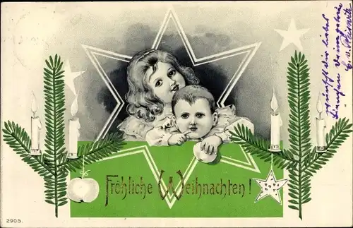 Litho Glückwunsch Weihnachten, Junge und Mädchen, Tannenzweige, Kerzen