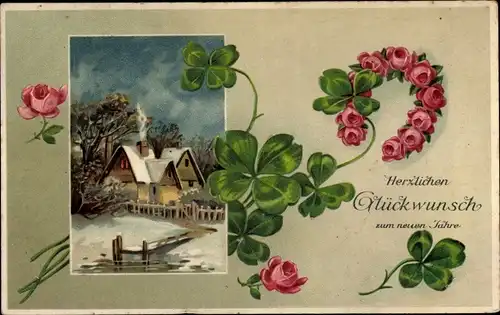 Litho Glückwunsch Neujahr, Kleeblätter, Rosen, Winterlandschaft mit Haus