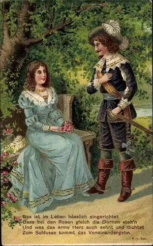 Präge Litho Liebespaar, Frau auf einer Bank unter einem Baum, Mann