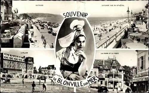 Ak Blonville sur Mer Calvados, La Plage, Mairie, Poste, Frau in normandischer Tracht