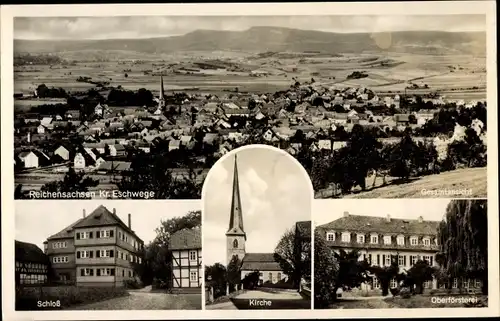 Ak Reichensachsen Wehretal im Werra Meißner Kreis, Schloss, Kirche, Oberförsterei, Panorama vom Ort