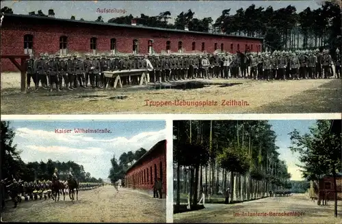 Ak Zeithain Sachsen, Truppenübungsplatz, Aufstellung, Kaiser Wilhelm Str., Infanterie Barackenlager