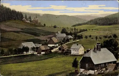 Ak Rehefeld Zaunhaus Altenberg im Erzgebirge, Blick auf den Ort mit Kgl. Jagdschloss