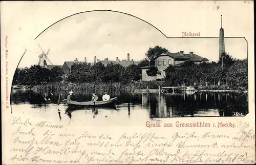 Ak Grevesmühlen in Mecklenburg, Molkerei, Ruderboot, Windmühle