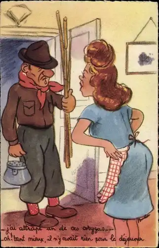 Künstler Ak J'ai attrape un de ces cortyzas, Angler kehrt ohne Fische heim