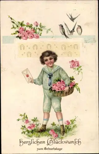 Präge Ak Glückwunsch Geburtstag, Schwalben, Kind mit Rosen, Hufeisen, Umschlag