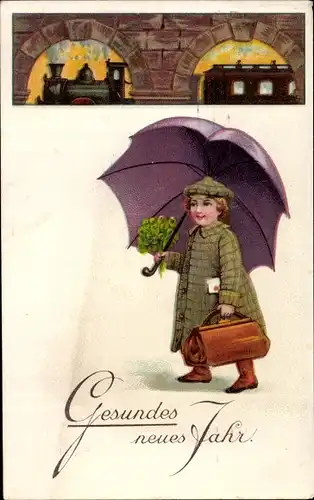 Ak Glückwunsch Neujahr, Mädchen mit Regenschirm, Glücksklee, Eisenbahn