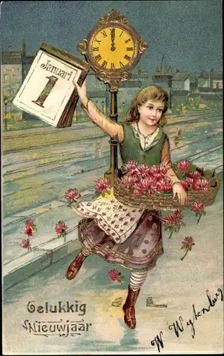 Präge Ak Glückwunsch Neujahr, Mädchen mit Rosen, Kalender, Stadtuhr