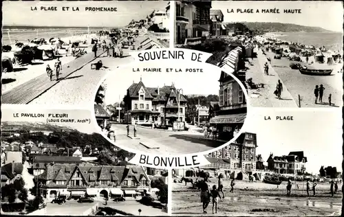 Ak Blonville Calvados, La Plage et la Promenade, Le Pavillon Fleuri, La Mairie et la Poste