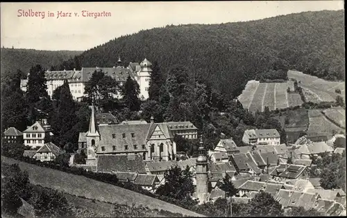 Ak Stolberg Harz, Blick v. Tiergarten, Kirche, Wald