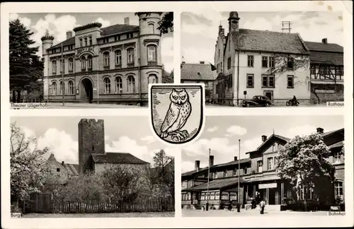 Wappen Ak Oebisfelde Weferlingen in Sachsen Anhalt,Theater, Rathaus, Burg und Bahnhof