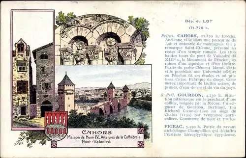 Künstler Ak Cahors Lot, Maison Henri IV, Amatures de la Cathédrale, Pont Valentré, Pastilles Valda