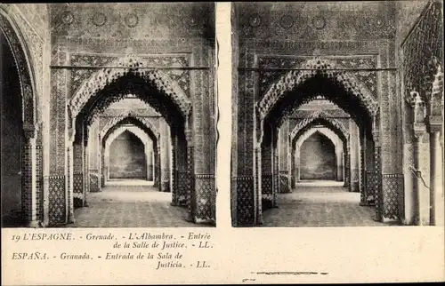 Stereo Ak Granada Andalusien Spanien, La Alhambra, Entrada de la Sala de Justicia