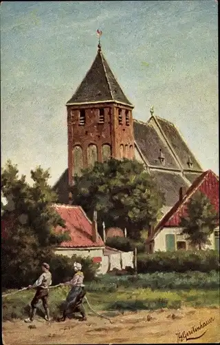 Künstler Ak Gerstenhauer, Johann Georg, Mann und Frau ziehen an einem Seil, Treidel Kirche, 1