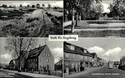 Ak Seth Kreis Segeberg Holstein, Kriegerdenkmal, Moorpartie, Schule, Geschäftshaus