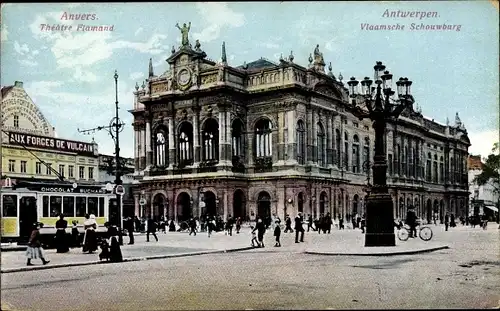 Ak Antwerpen Flandern, Théâtre Flamand, Flämisches Theater, Straßenbahn