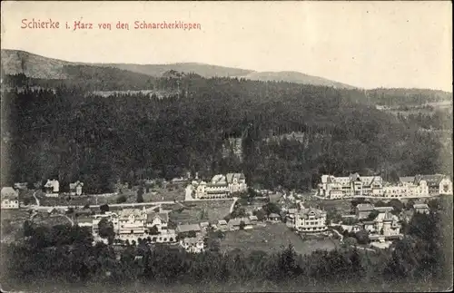 Ak Schierke Wernigerode am Harz, Ort von den Schnarcherklippen aus gesehen