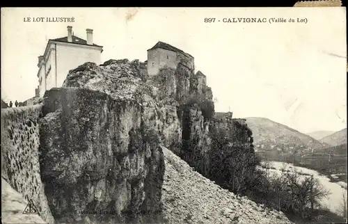 Ak Calvignac Lot, Gebäude auf Felsen