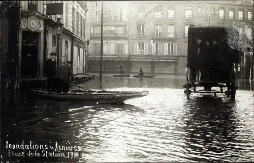 Ak Asnières Hauts-de-Seine, Inondations, Place de la Station 1910
