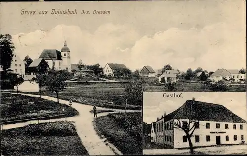 Ak Johnsbach Glashütte im Osterzgebirge, Teilansicht, Kirche, Gasthof
