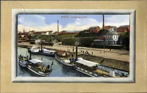 Ak Riesa an der Elbe in Sachsen, Blick zum Landungsplatz, Dampfer