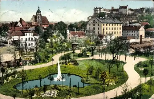 Ak Pirna Elbe, Friedenspark, Amtsgericht, Schloss,Teich