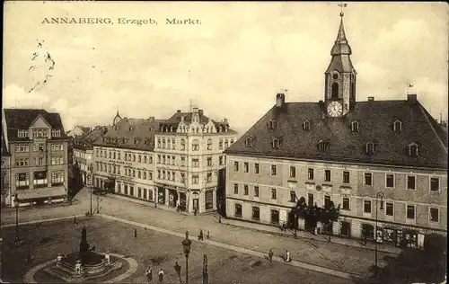 Ak Annaberg Buchholz im Erzgebirge, Markt, Rathaus, Brunnen