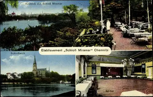 Ak Chemnitz Sachsen, Etablissement Schloss Miramar, Teich, Ballsaal