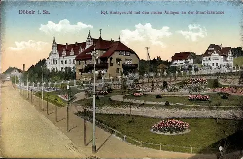 Ak Döbeln in Mittelsachsen, Kgl. Amtsgericht mit den neuen Anlagen an der Staubitzstraße