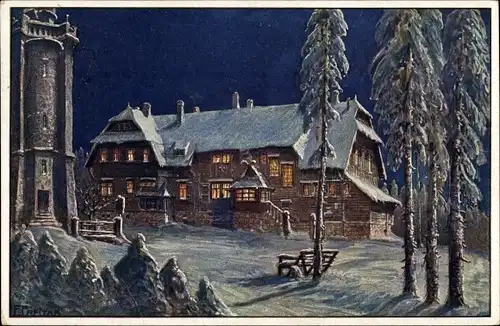 Künstler Ak Freitag, F., Wildenthal Eibenstock im Erzgebirge, Auersberg bei Nacht, Schneelandschaft
