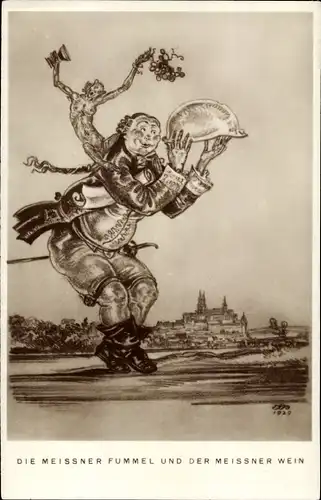 Künstler Ak Meißen in Sachsen, Die Meißner Fummel und der Meißner Wein