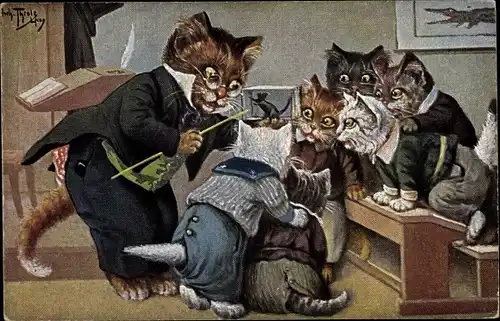 Künstler Ak Thiele, Arthur, Anschauungsunterricht, Schulklasse, vermenschlichte Katzen