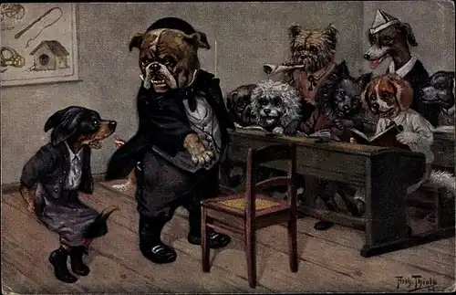 Künstler Ak Thiele, Arthur, Schwer von Begriffen, vermenschlichte Hunde in der Schule