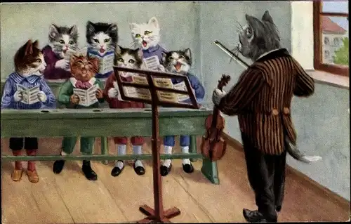 Künstler Ak Vermenschlichte Katzen beim Musikunterricht, Chor