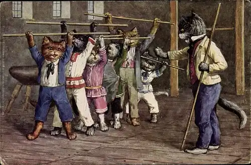 Künstler Ak Thiele, Arthur, Vermenschlichte Katzen, Turnunterricht