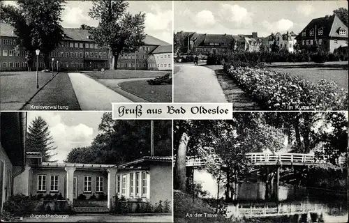 Ak Bad Oldesloe in Schleswig Holstein, Kreisverwaltung, Im Kurpark, An der Trave, Jugendherberge