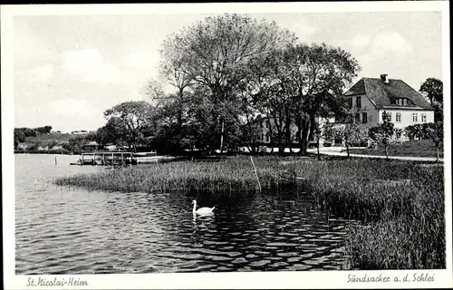 Ak Sundsacker Winnemark in Schleswig Holstein, St. Nicolai Heim, Schwan auf dem Wasser