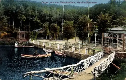 Ak Gohlis Niederau in Sachsen, Buschmühle, Brücke, Boote