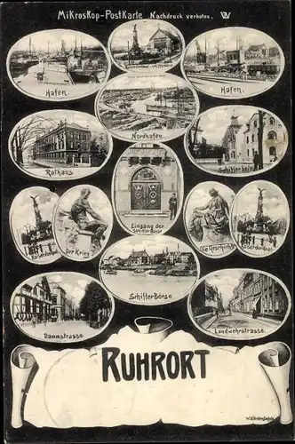 Ak Ruhrort Duisburg im Ruhrgebiet, Landwehrstraße, Kaiserdenkmal, Hafen, Dammstraße