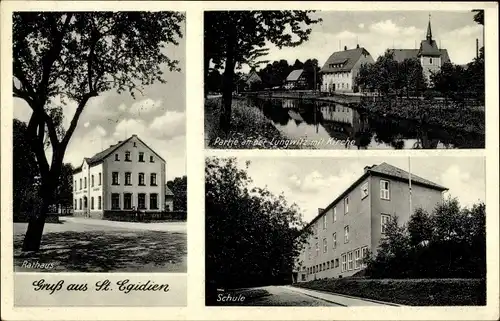 Ak Sankt Egidien in Sachsen, Schule, Partie an der Lungwitz mit Kirche, Rathaus