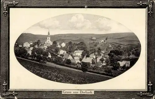 Passepartout Ak Drebach im Erzgebirge Sachsen, Totalansicht der Ortschaft