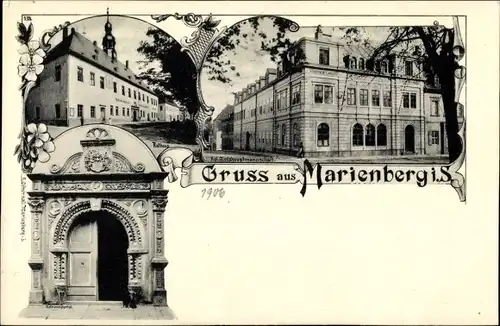 Passepartout Ak Marienberg im Erzgebirge Sachsen, Rathaus, Portal, Königliche Amtshauptmannschaft
