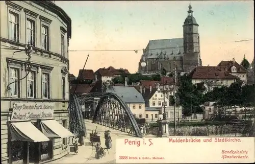 Ak Penig in Sachsen, Muldenbrücke und Stadtkirche, Geschäft