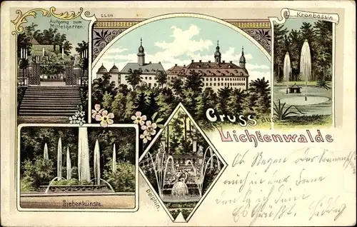 Litho Lichtenwalde Niederwiesa Sachsen, Kronbassin, Siebenkünste, Aufgang zum Mittegarten, Delphin