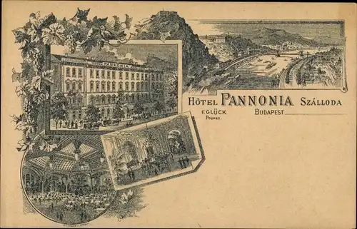 Litho Budapest Ungarn, Hotel Pannonia, Innenansicht, Blick auf den Ort