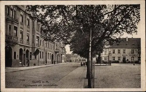 Ak Burg bei Magdeburg, Paradeplatz mit Jacobistraße, Hotel